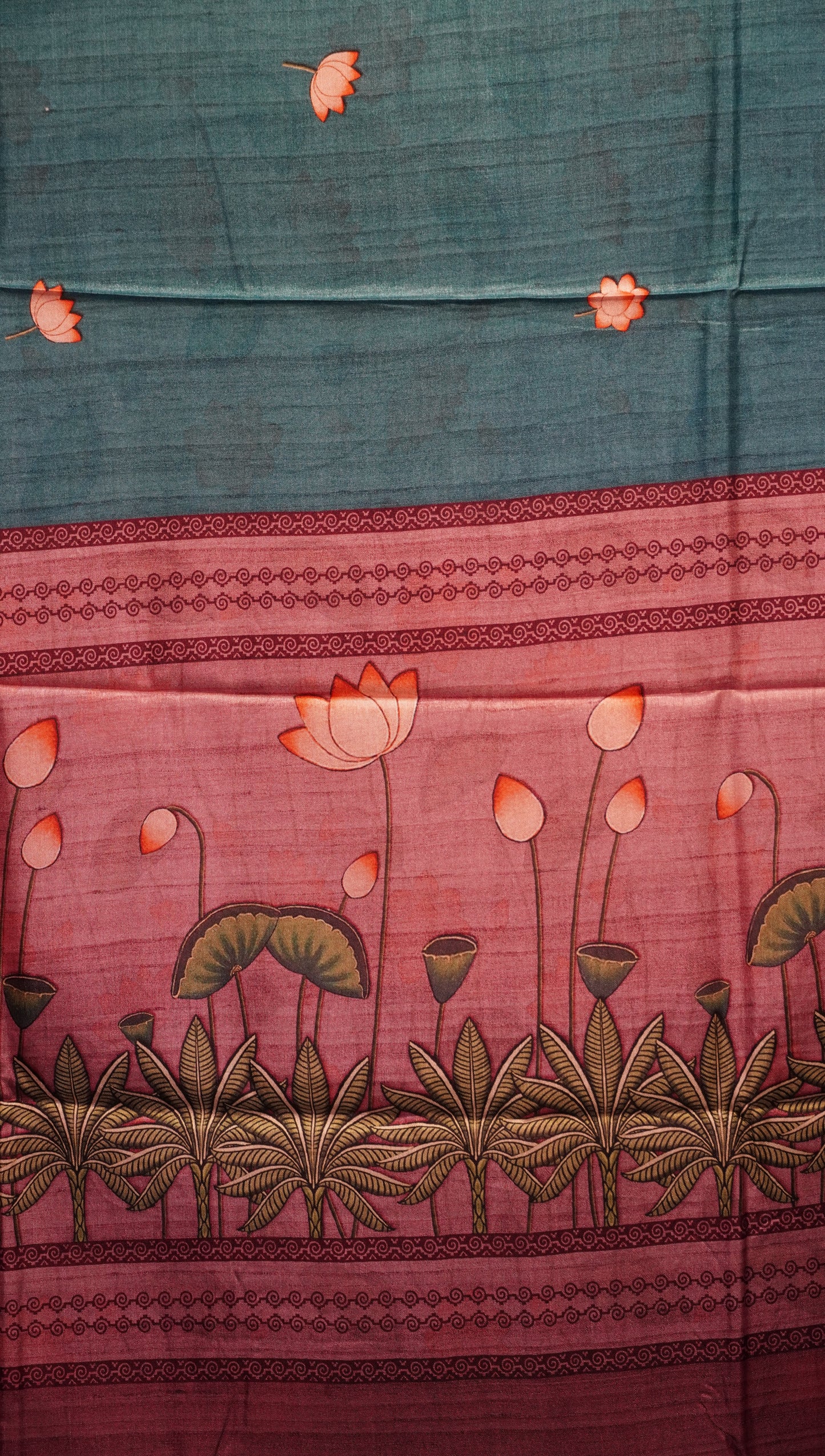 Semi Printed Pichwai Silk Saree Teal Blue to Wine
