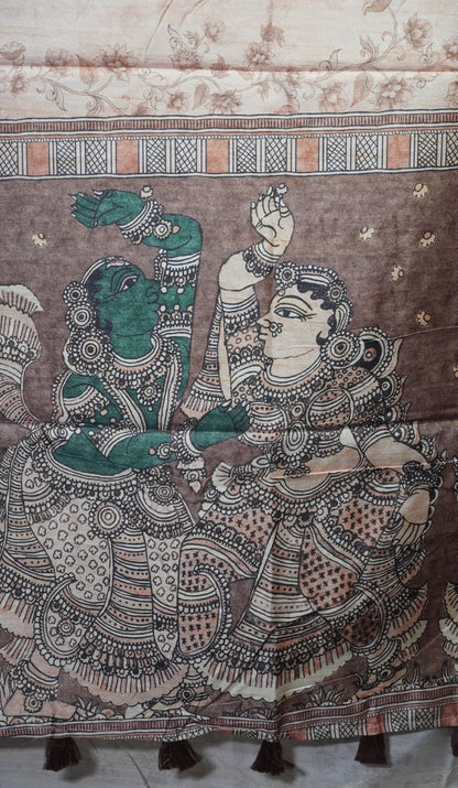 Semi Tussar Saree Kalamkari With Floral Pattern Brown