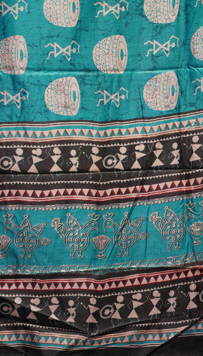 Dola Silk Warli Print Teal Blue