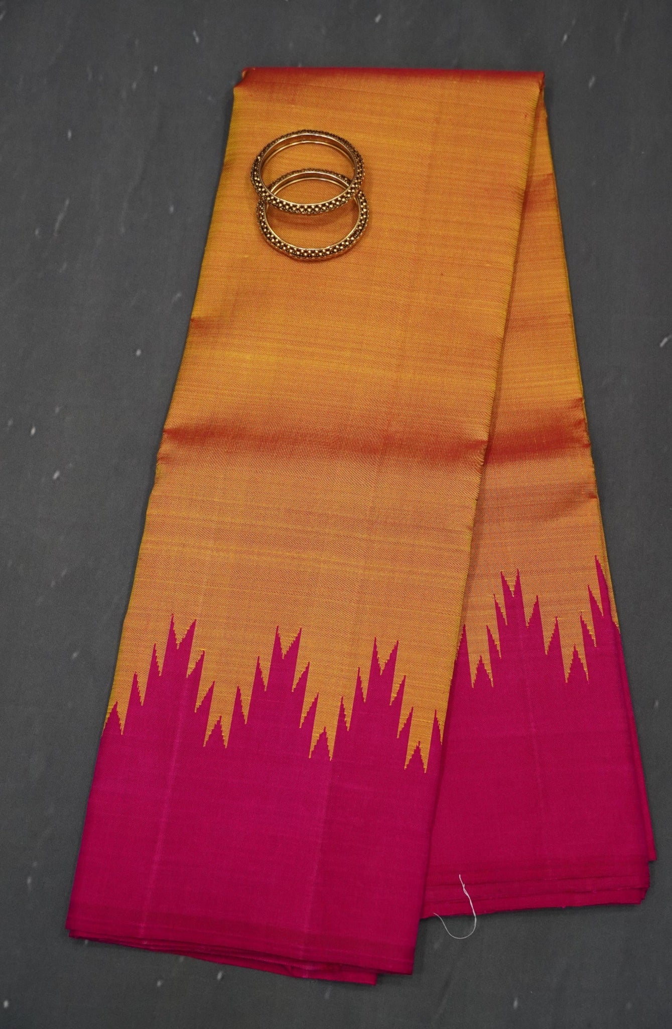 Pure Kanchipuram Silk Saree -Temple Tower -Golden Yellow