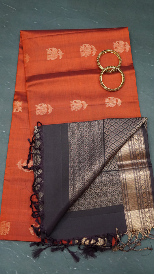 Pure Kanjivaram Silk Saree -Elephant Butta Honey-Brown
