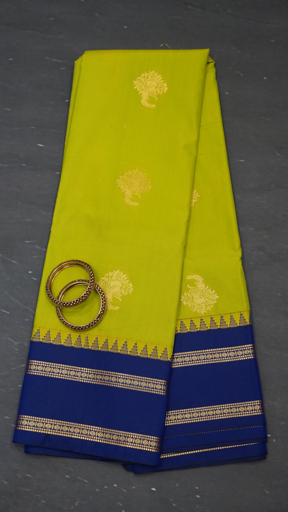 Semi Kanchipuram Silk Saree -Tower Border- Lime Green