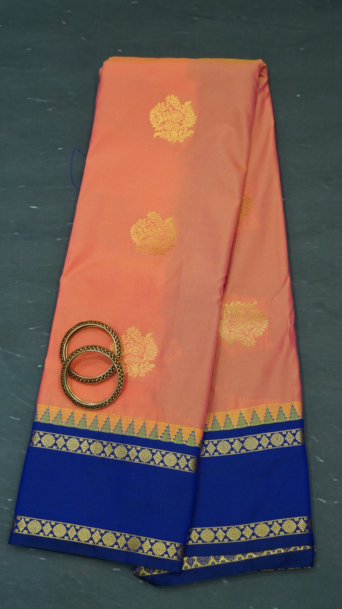 Semi Kanchipuram Silk Saree -Tower Border-Pinkish Orange