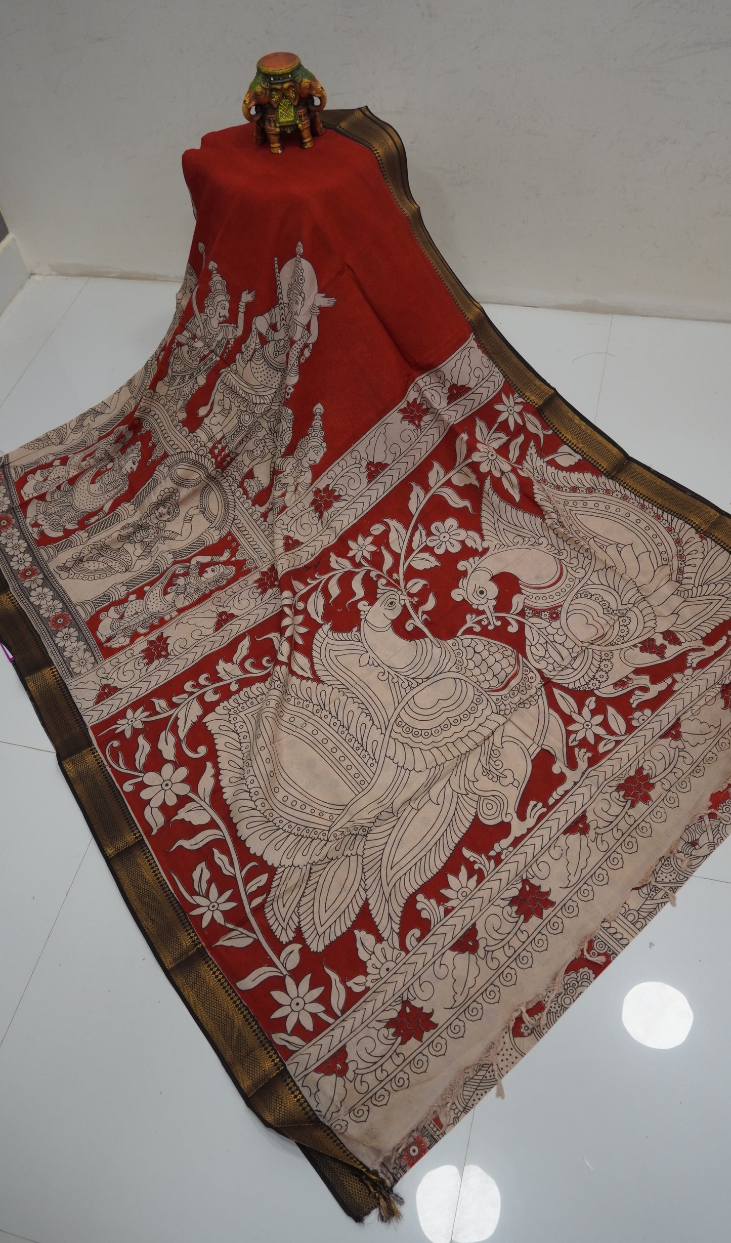 Kalamkari Silk Saree-Redish Maroon with Chinoor Print