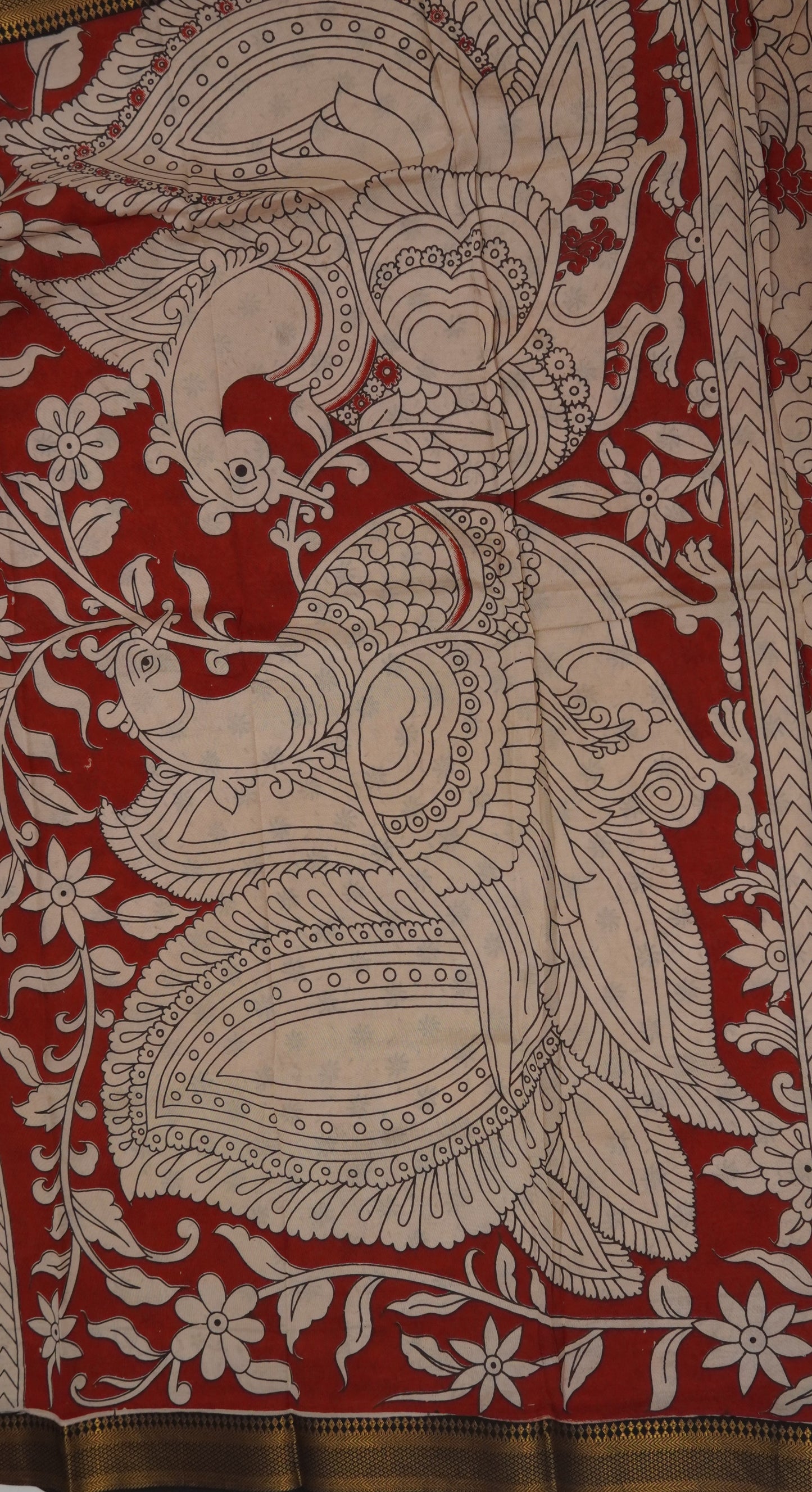 Kalamkari Silk Saree-Redish Maroon with Chinoor Print