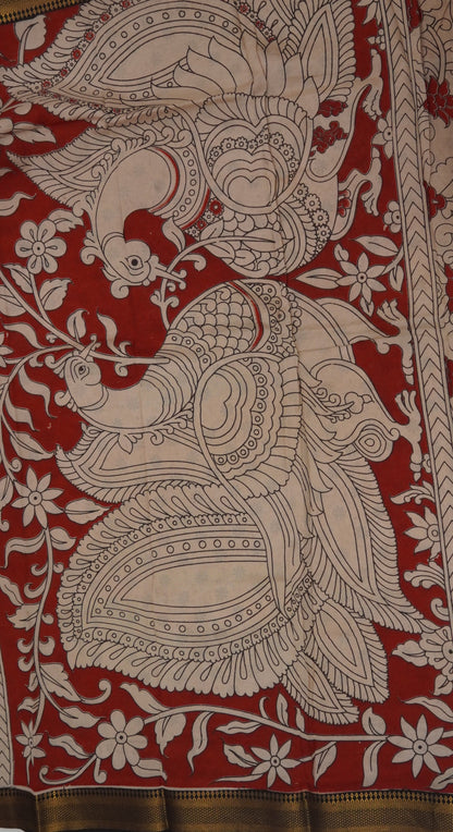 Kalamkari Silk Saree-Redish Maroon with Chinoor Print