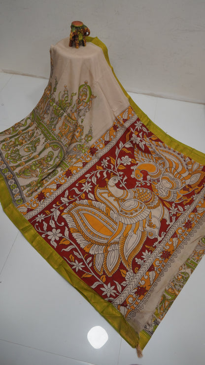 Kalamkari Silk Saree-Beige with Chinoor Print