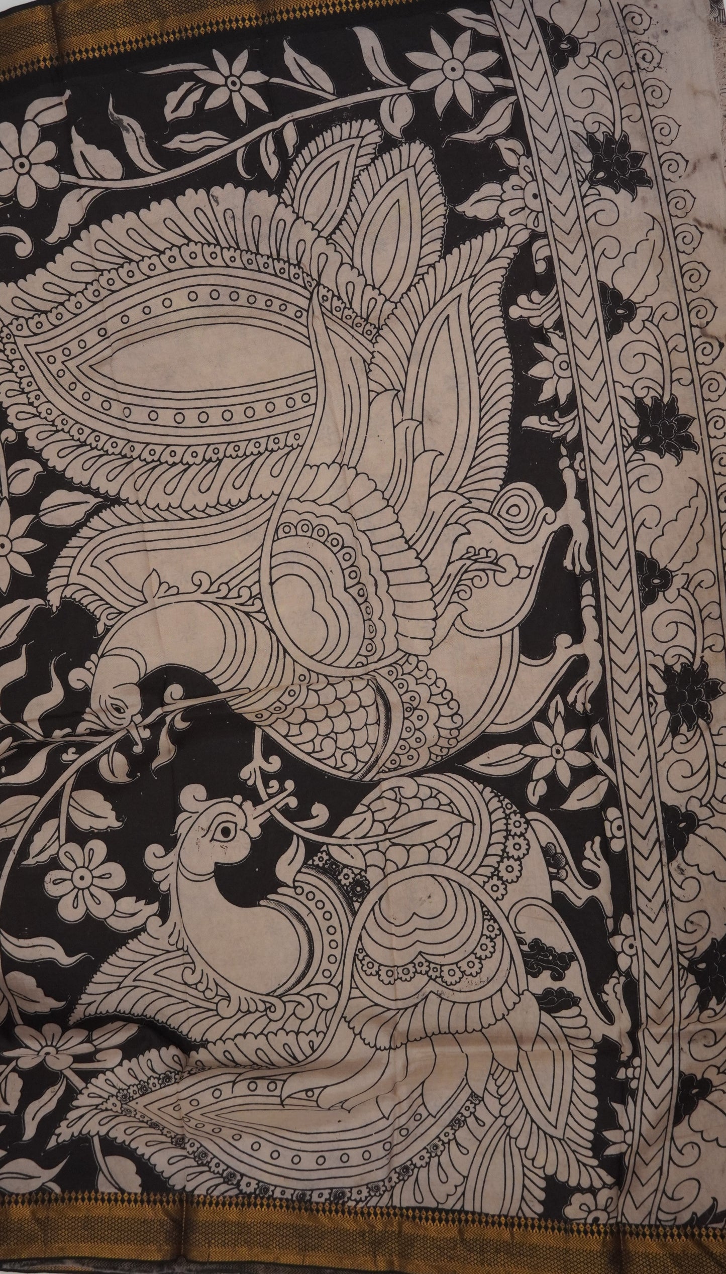 Kalamkari Silk Saree-Black with Chinoor Print