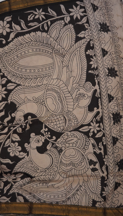 Kalamkari Silk Saree-Black with Chinoor Print