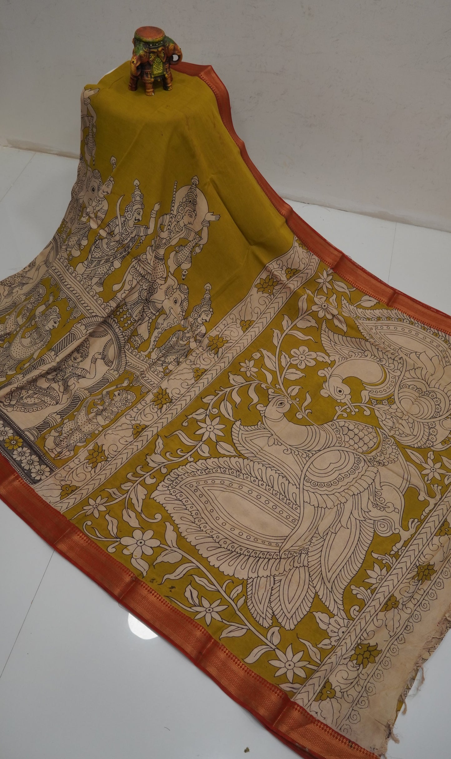 Kalamkari Silk Saree-Lime Green with Chinoor Print
