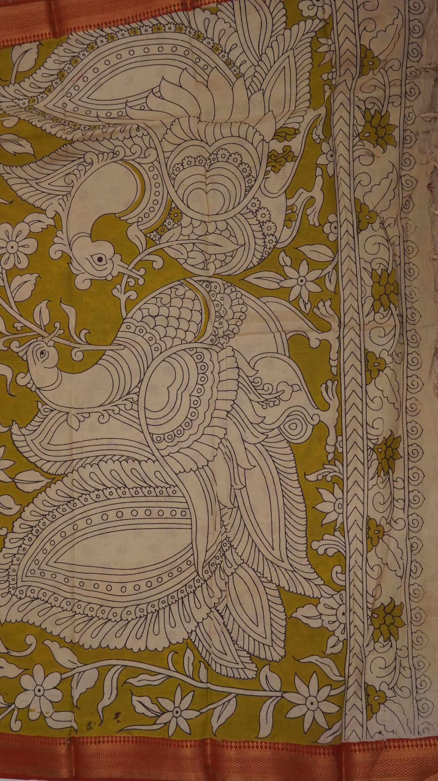 Kalamkari Silk Saree-Lime Green with Chinoor Print