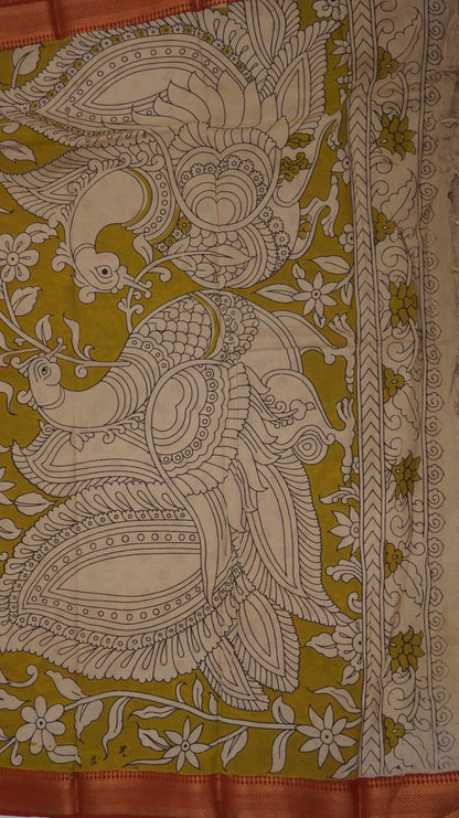 Kalamkari Silk Saree-Lime Green with Chinoor Print