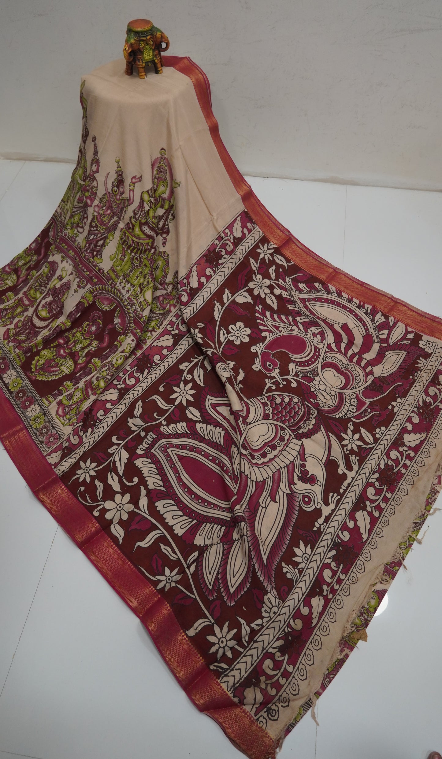 Kalamkari Silk Saree-Beige with Chinoor Print