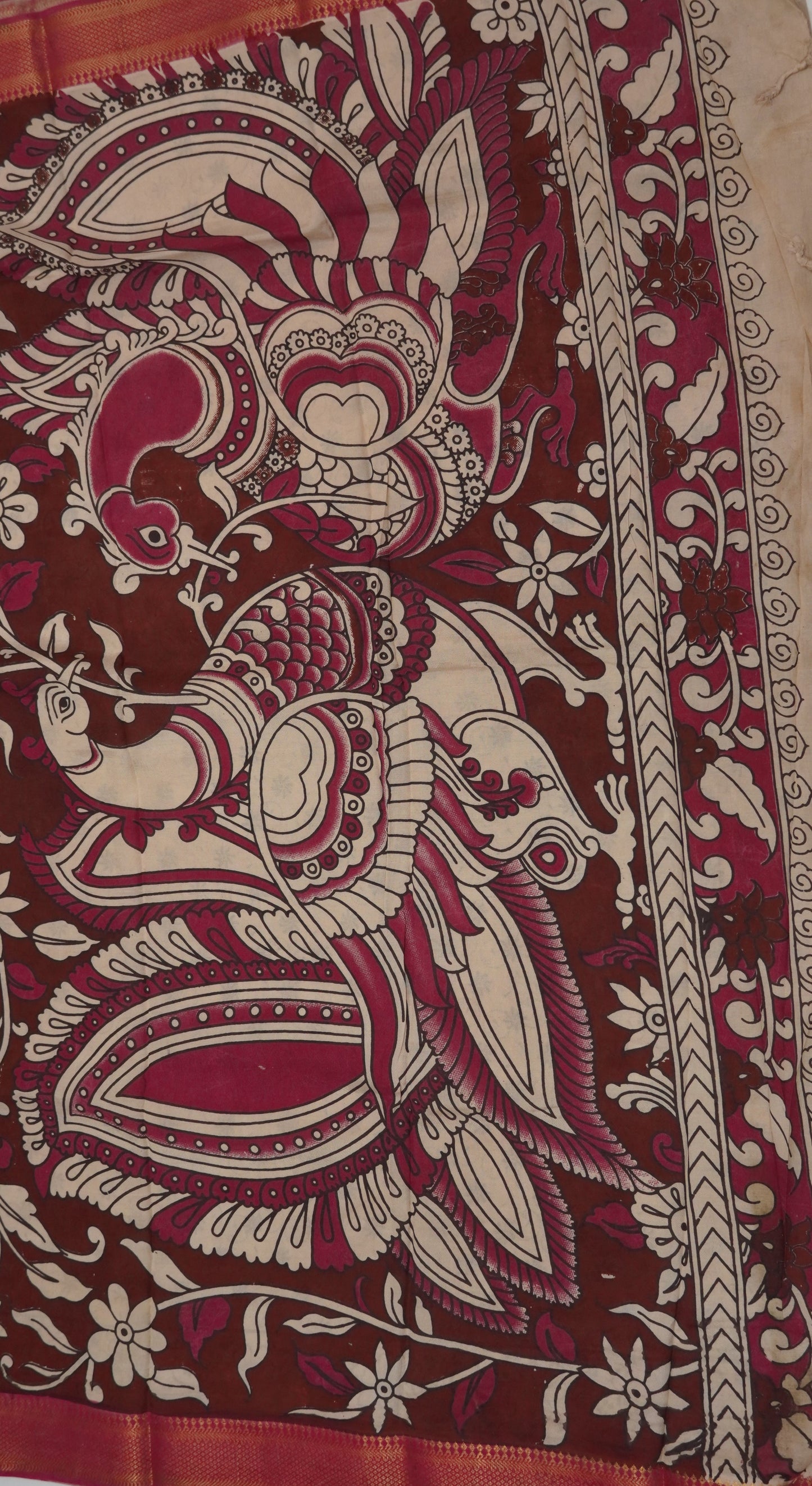 Kalamkari Silk Saree-Beige with Chinoor Print