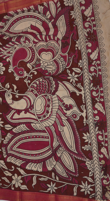 Kalamkari Silk Saree-Beige with Chinoor Print