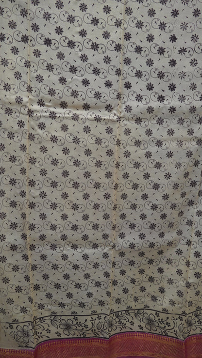 Kalamkari Silk Saree-Beige with Chinoor Print