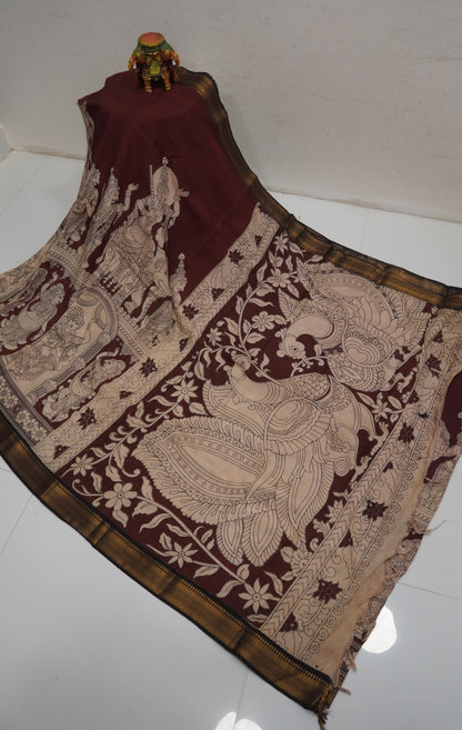 Kalamkari Silk Saree-Brown with Chinoor Print