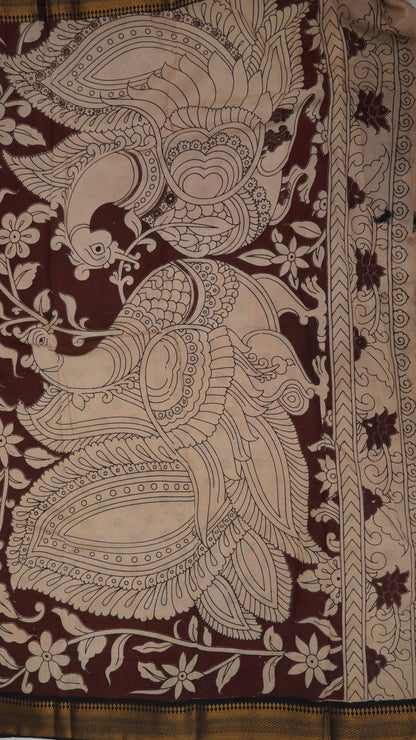 Kalamkari Silk Saree-Brown with Chinoor Print