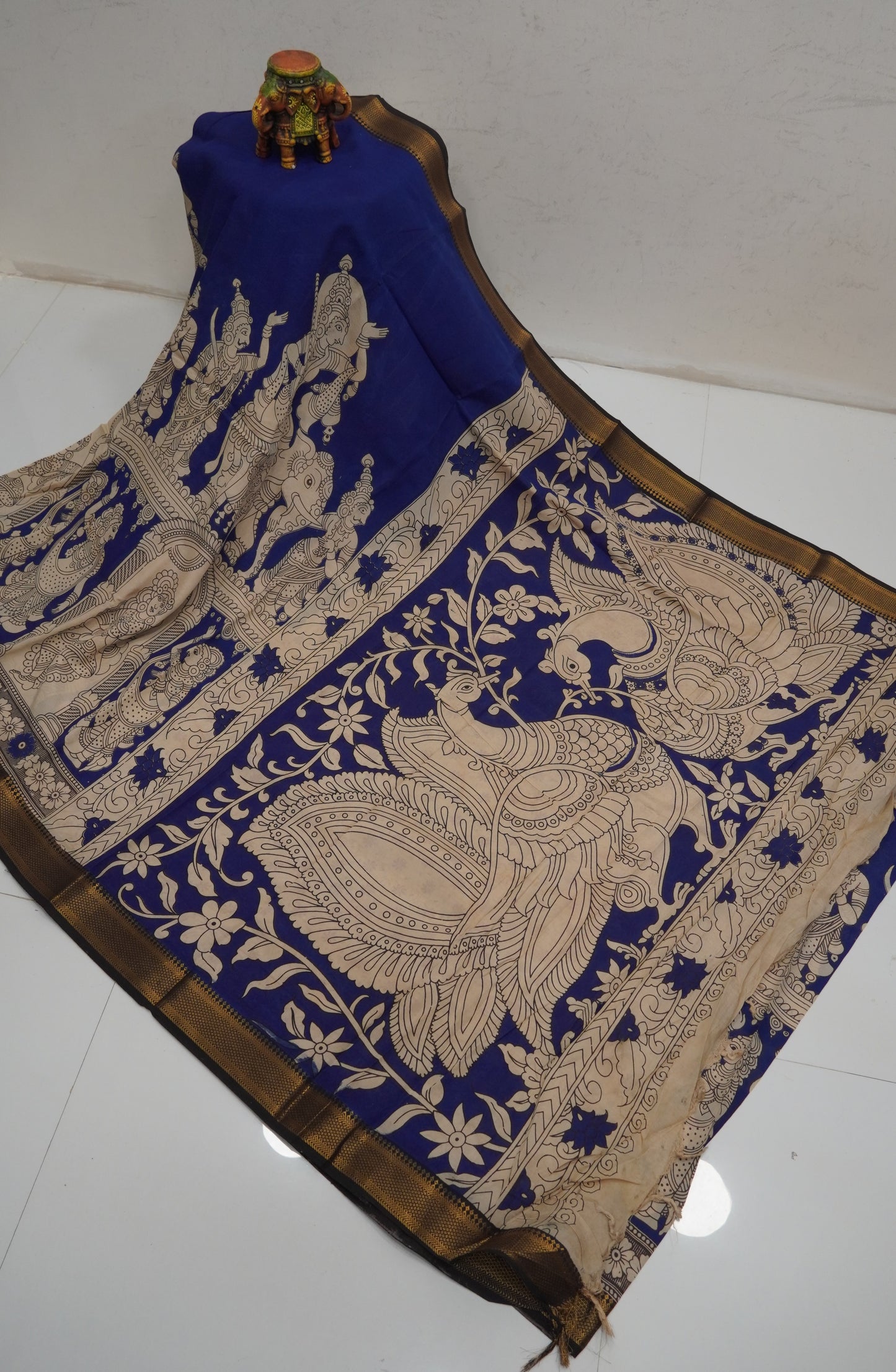 Kalamkari Silk Saree-Blue with Chinoor Print