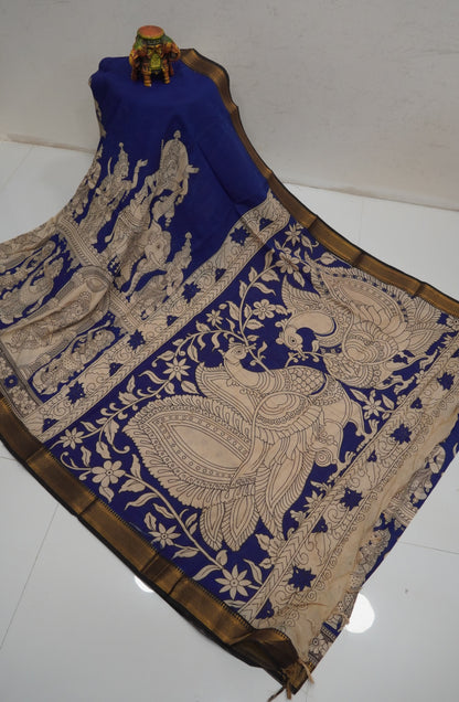 Kalamkari Silk Saree-Blue with Chinoor Print