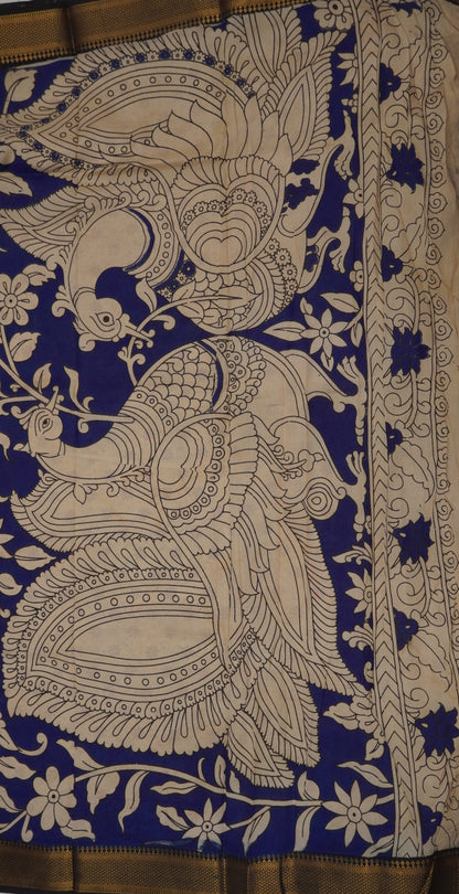 Kalamkari Silk Saree-Blue with Chinoor Print