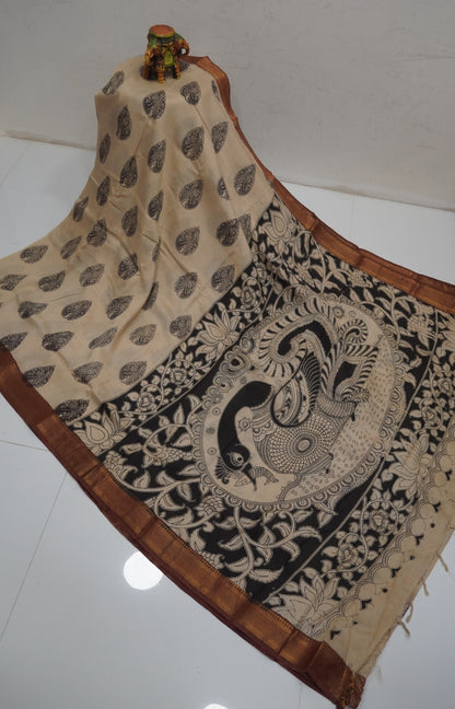 Kalamkari Silk Saree-Beige in Paisley Motifs with Contrast Border