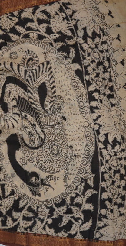 Kalamkari Silk Saree-Beige in Paisley Motifs with Contrast Border