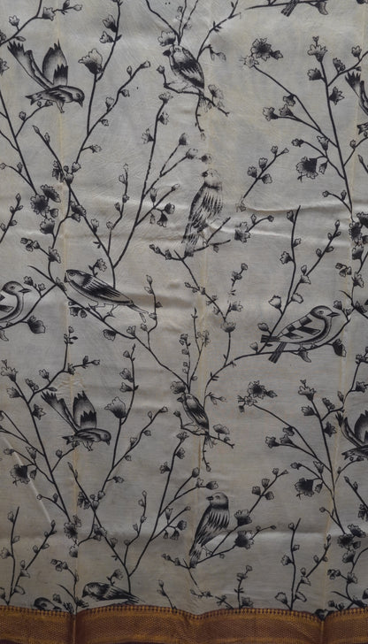 Kalamkari Silk Saree-Beige in Paisley Motifs with Contrast Border