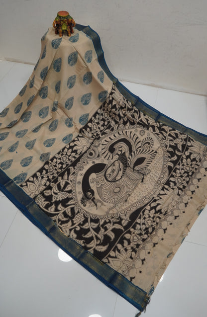 Kalamkari Silk Saree-Beige in Paisley Motifs with Contrast Border