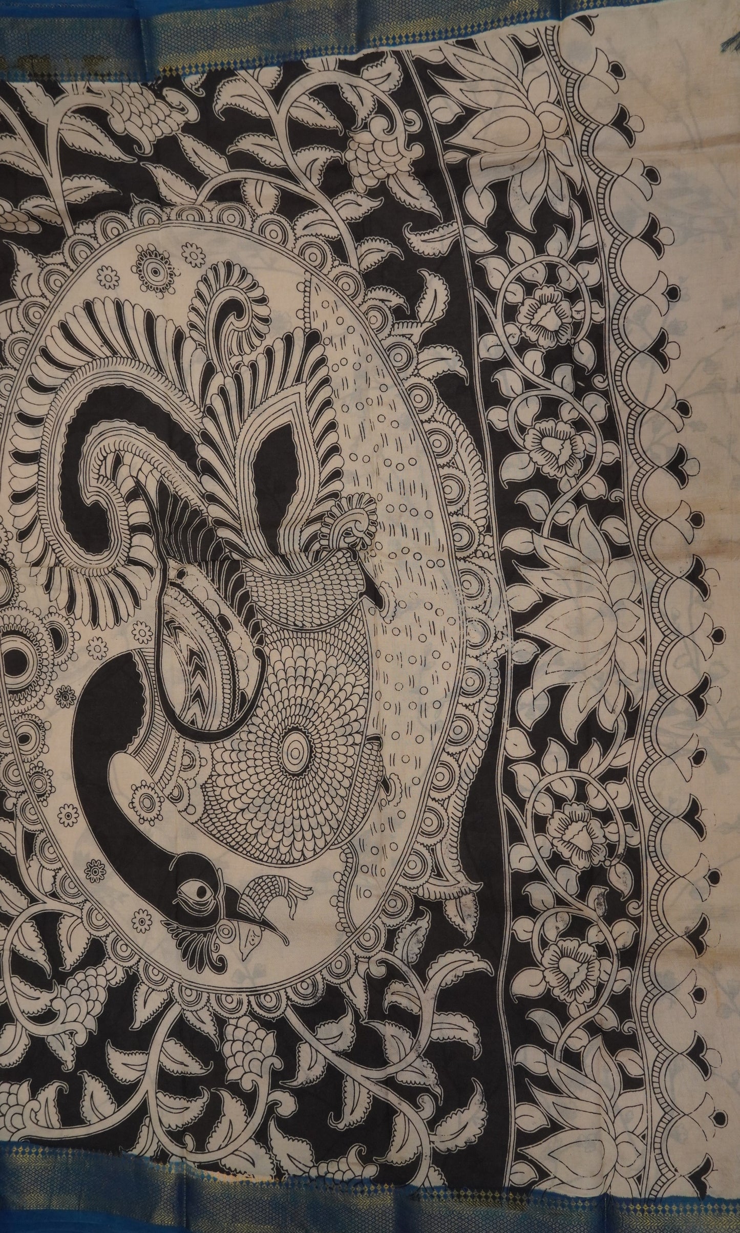 Kalamkari Silk Saree-Beige in Paisley Motifs with Contrast Border