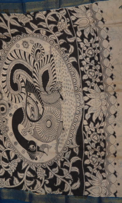 Kalamkari Silk Saree-Beige in Paisley Motifs with Contrast Border