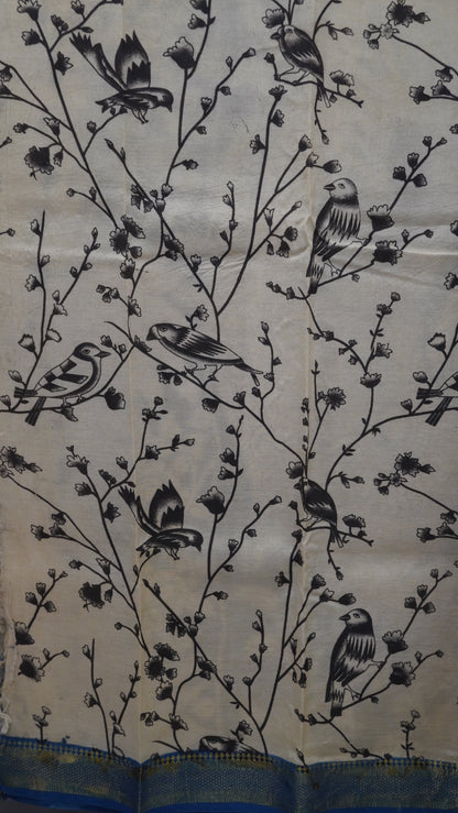 Kalamkari Silk Saree-Beige in Paisley Motifs with Contrast Border