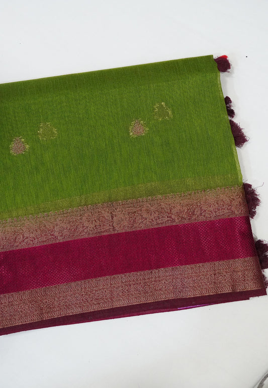 Bamboo Silk Saree Retapett Border- Olive Green