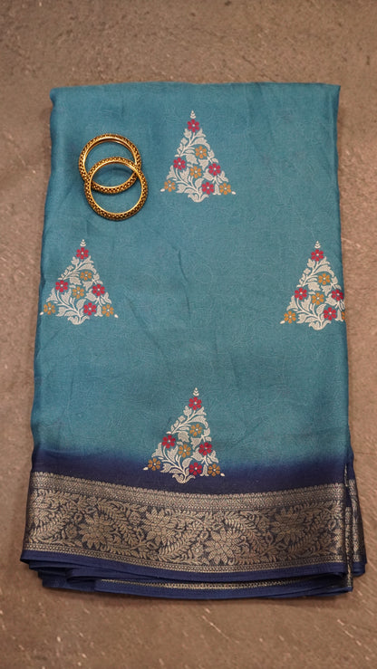 Semi Chiffon Saree- Garden Floral Blue