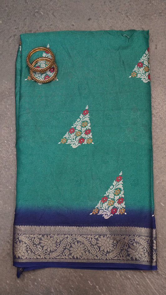 Semi Chiffon Saree- Garden Floral Peacock Green