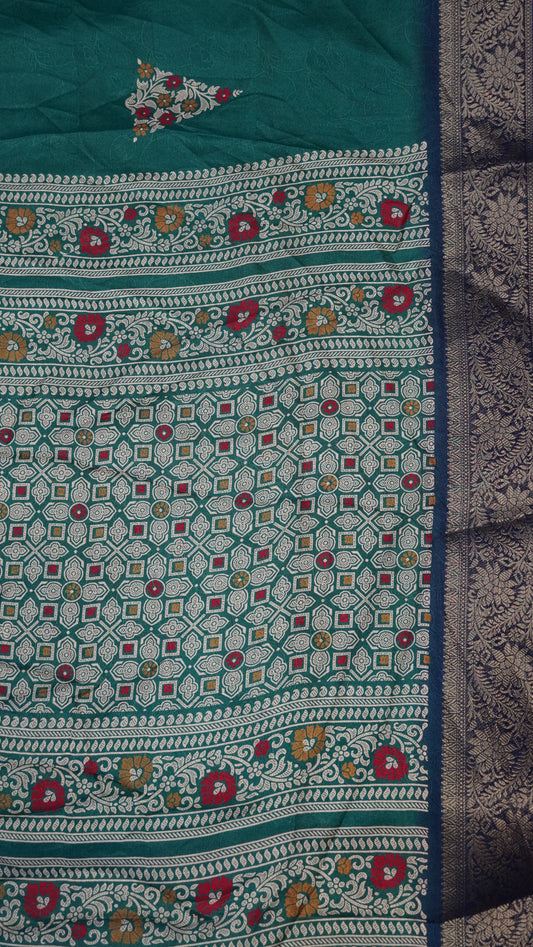 Semi Chiffon Saree- Garden Floral Peacock Green