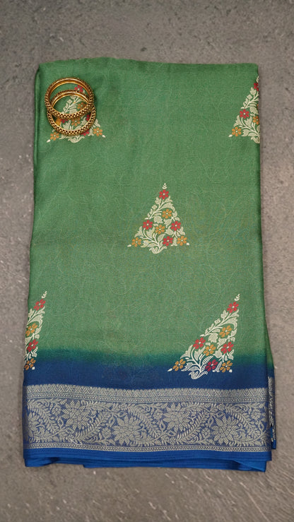 Semi Chiffon Saree- Garden Floral Sage Green