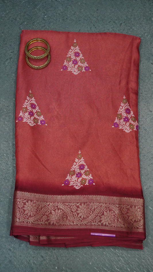 Semi Chiffon Saree- Garden Floral Muted Maroon