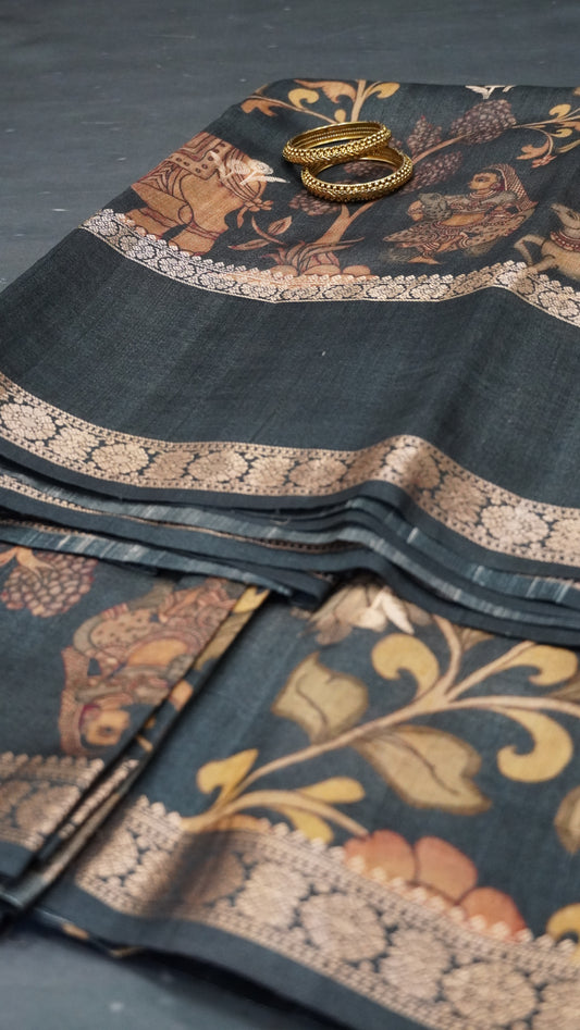 Pure Tussar Saree -Black Round Flower