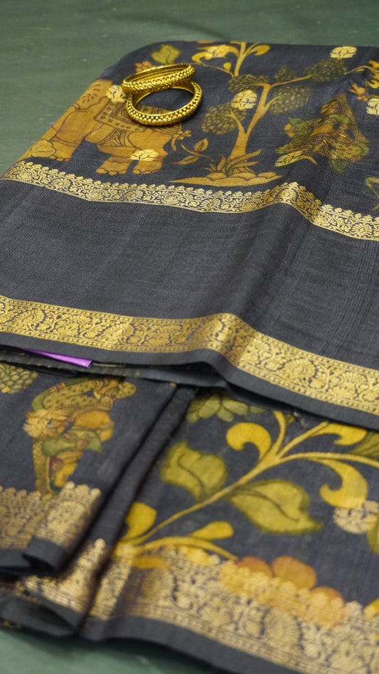 Pure Tussar Saree -Purple Round Flower