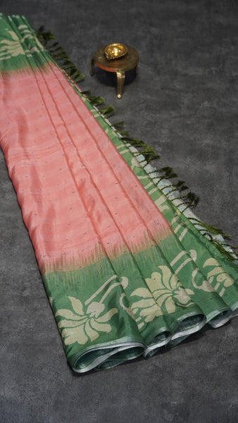 Semi Linen Saree Peach With Green With Small Zari Border