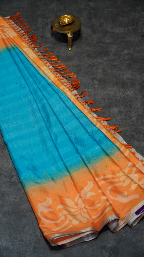 Semi Linen Saree Sea Blue With Orange With Small Zari Border