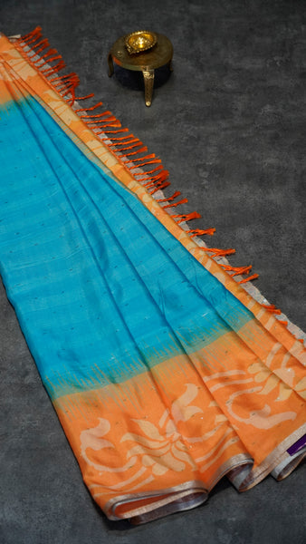 Semi Linen Saree Sea Blue With Orange With Small Zari Border