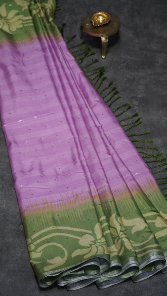 Semi Linen Lavender With Green With Small Zari Border