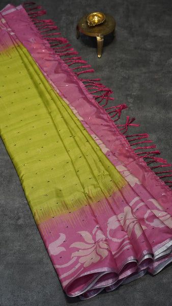 Semi Linen Parrot Green With Pink With Small Zari Border