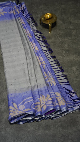 Semi Linen Saree Grey With Lavender With Small Zari Border