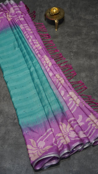 Semi Linen Saree Teal Green With Magenta With Small Zari Border