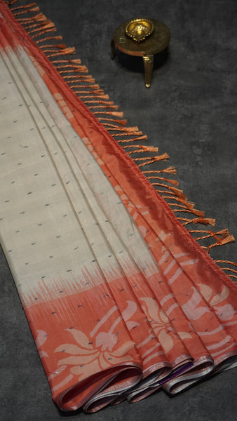 Semi Linen Saree Cream With Orange With Small Zari Border