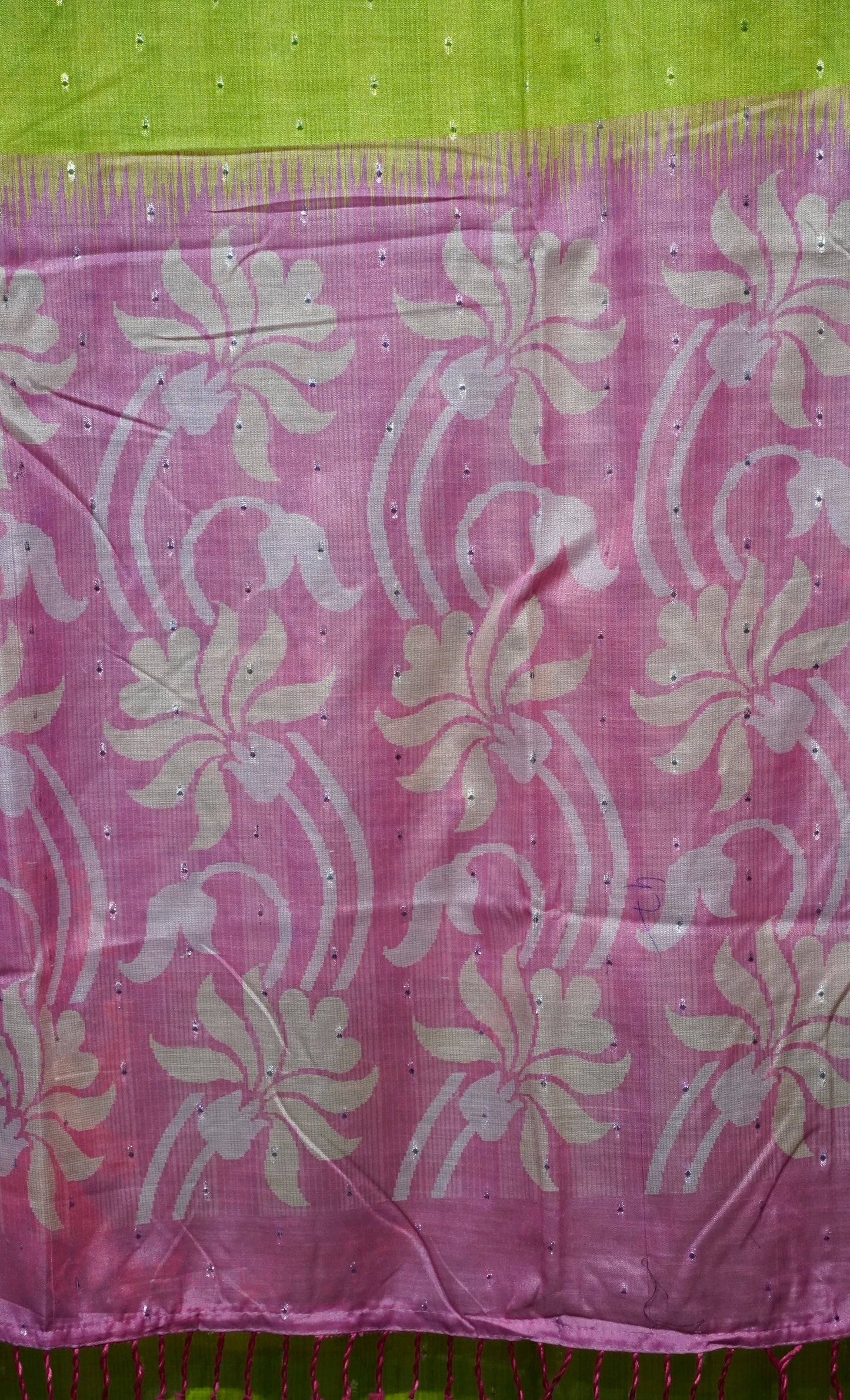 Semi Linen Parrot Green With Pink With Small Zari Border