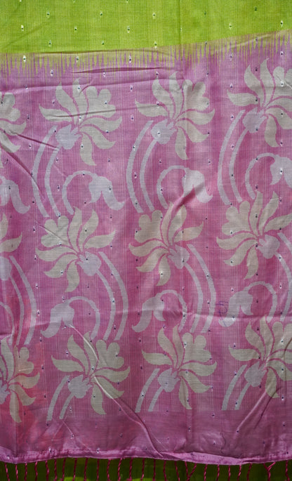 Semi Linen Parrot Green With Pink With Small Zari Border